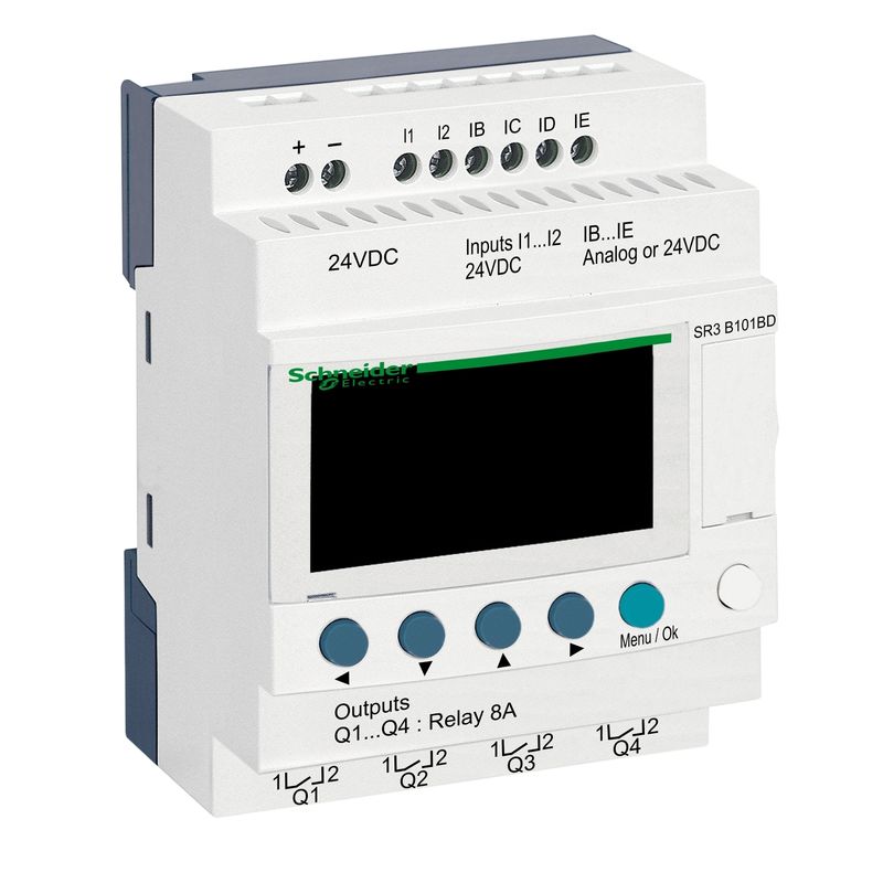 modular smart relay, Zelio Logic SR2 SR3, 10 IO, 24V DC, clock, display, 4 relay outputs