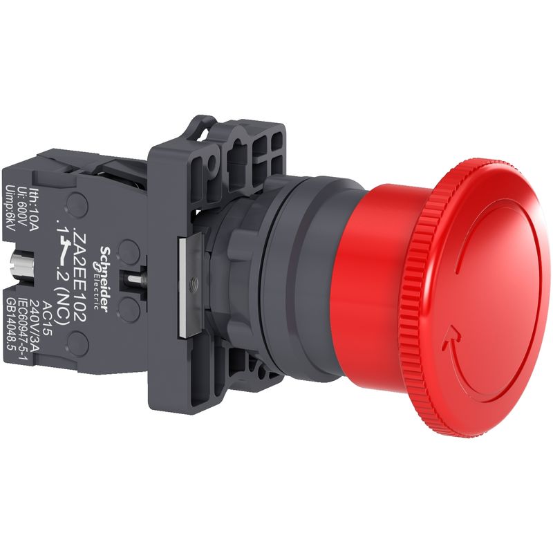Complete emergency switching off push button, Easy Harmony XA2, plastic, red mushroom 40mm, 22mm, turn to release, 1NC