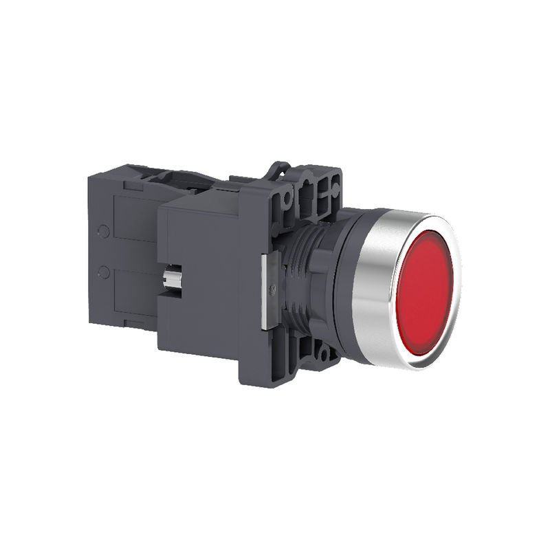 Complete illuminated push button, Easy Harmony XA2, plastic, flush, red, 22mm, spring return, 220V AC, 1NC